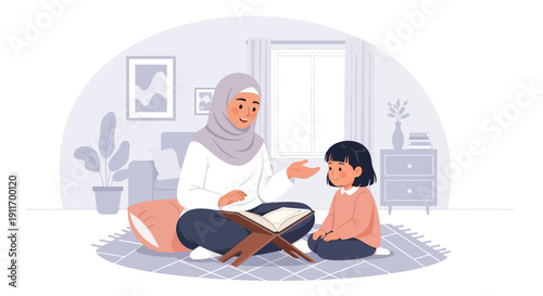 Muslim Mother Teaching Daughter Quran in Cozy Living Room