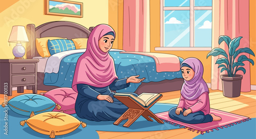 Muslim Mother Teaching Daughter Quran in Bedroom
