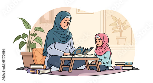 Muslim Mother Teaching Daughter Quran, Islamic Education, Family Reading Together