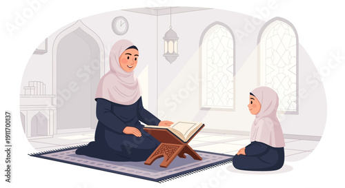 Muslim Mother Teaching Daughter Quran in Mosque Interior