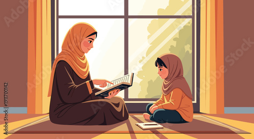 Muslim Mother Teaching Daughter Quran, Islamic Education, Family Bonding, Warm Home