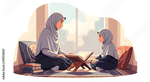 Muslim Mother Teaching Daughter Quran, Islamic Family Education