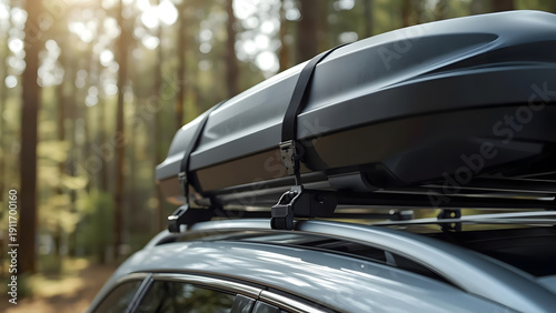 a matte black aerodynamic roof cargo box mounted on a silver car's roof rails
