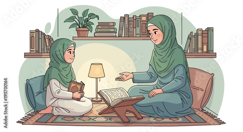 Muslim Mother Teaching Daughter Reading Holy Book Quran at Home