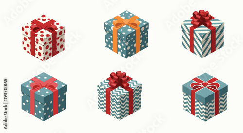Six distinct isometric gift boxes decorated with various patterns including polka dots and stripes for different celebratory occasions.