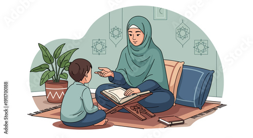 Muslim Mother Teaching Son Holy Quran