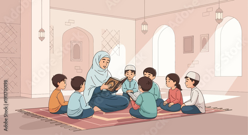 Muslim Teacher Reading Quran to Children in Classroom