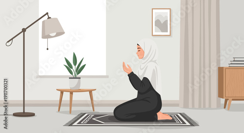 Muslim Woman Praying at Home, Wearing Hijab, Islamic Devotion, Peaceful Scene