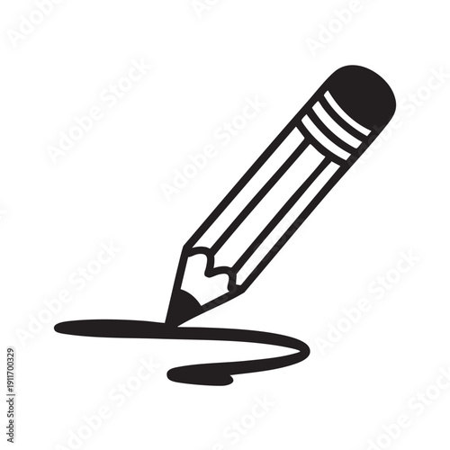 Simple black and white outline icon depicts a wooden pencil actively drawing a thick curved line on a clean white surface