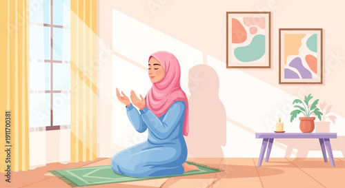 Muslim Woman Praying in Hijab at Home, Peaceful Devotion and Spirituality