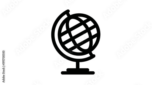A black and white line drawing of a globe on a stand. Its lines show continents