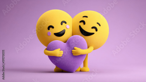 Wallpaper Mural Two smiling yellow emojis lovingly hug a purple heart against a soft purple background.  Torontodigital.ca
