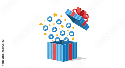 Blue and red striped gift box opens to release numerous social media like icons and golden stars representing positive feedback.