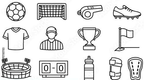 Soccer football game equipment and stadium icons Keywords: soccer, football, sport, game
