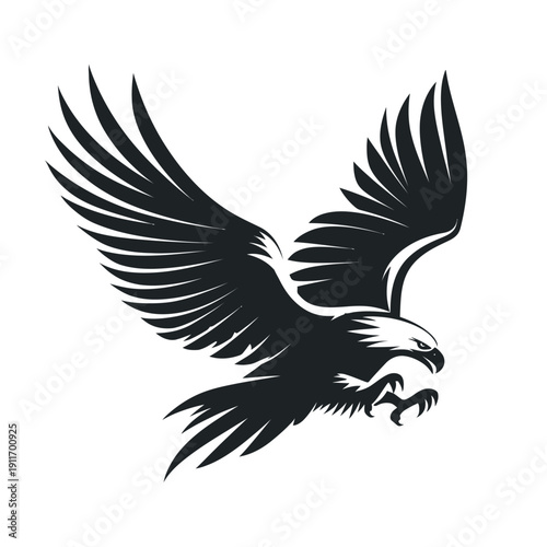 A stylized illustration of a bird in flight, dark feathers on white background, sharp focus