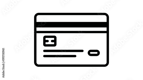 A simple outline of a rectangular payment card with a black magnetic stripe and chip design