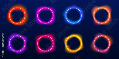 Neon rainbow rings glow in dynamic abstract circular compositions. Smooth gradient mesh enhances vibrant futuristic aesthetics. Perfect transparent PNG for banners, UI, and creative visuals. PNG