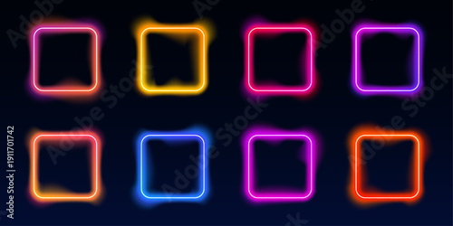 Neon square rings in vibrant rainbow gradients rotate smoothly. Glowing edges create abstract geometric motion and futuristic energy. Perfect transparent PNG for banners, posters, and UI kits. PNG