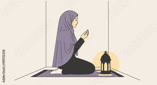 Muslim Woman Praying in Hijab, Islamic Spirituality and Devotion, Ramadan Concept