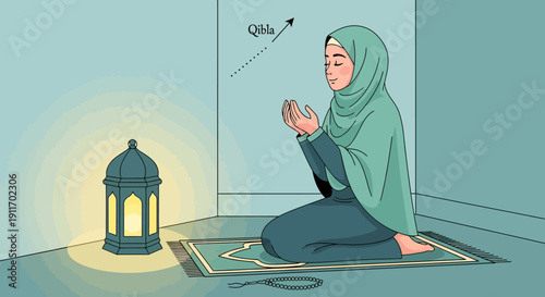 Muslim Woman Praying in Hijab, Facing Qibla Direction, Illuminated by Lantern