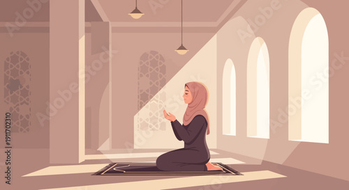 Muslim Woman Praying in Mosque During Golden Hour Sunlight