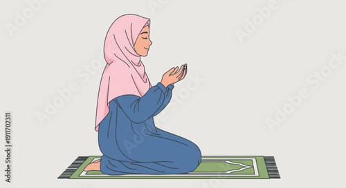 Muslim Woman Praying in Hijab, Peaceful Devotion on Prayer Mat