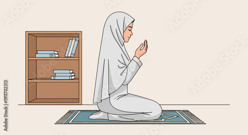 Muslim Woman Praying in Hijab, Sitting on Prayer Mat with Bookshelf Background