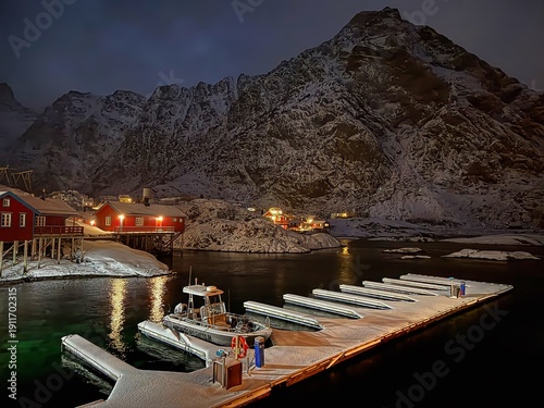 The beautiful village of Å i Lofoten during ice cold arctic polar night 