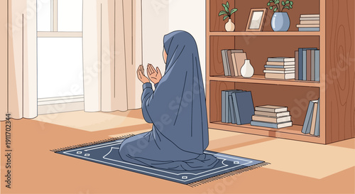 Muslim Woman Praying Namaz on Prayer Mat in Room, Islamic Devotion