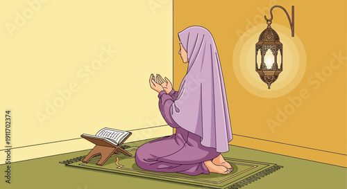 Muslim Woman Praying on Prayer Mat Beside Quran, Illuminated by Lantern