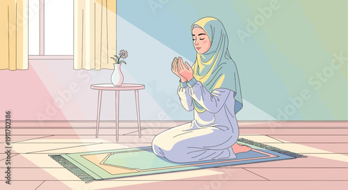 Muslim Woman Praying on Prayer Mat at Home