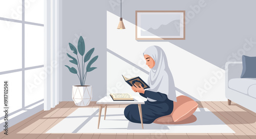 Muslim Woman Reading Quran at Home, Peaceful Islamic Study in Sunlight