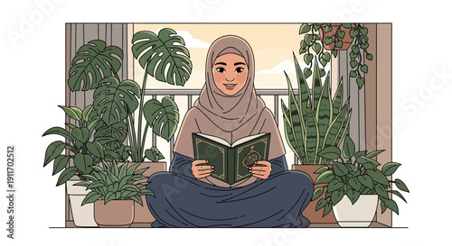 Muslim Woman Reading Holy Book Surrounded by Lush Green Plants on Balcony