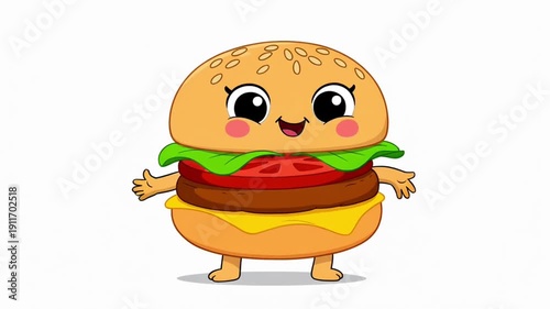 Cartoon Cheeseburger Character with Happy Expression in Bright Colorful Illustration on White Background for Kids Menu