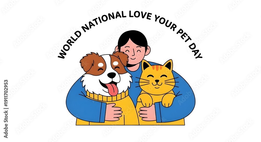 Obraz premium Illustration of a smiling woman hugging a dog and holding a cat on National Love Your Pet Day with a playful and affectionate mood. 