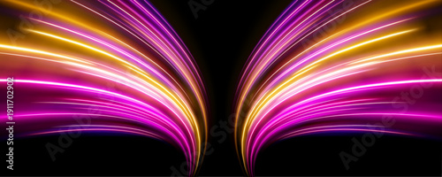 Neon rainbow highway stretches infinitely with smooth gradient curves. Motion lines create sense of speed and futuristic style. Ideal for banners, digital posters, and UI kits. Vector