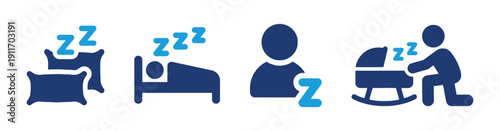 Sleep icons collection flat design vector illustration set pillow bed person resting and baby cradle concept