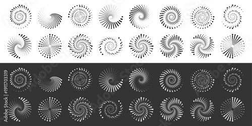 Halftone spiral frames with dotted circles convey motion and speed. Abstract concentric patterns enhance modern digital aesthetics. Ideal for banners, UI elements, and futuristic visuals.