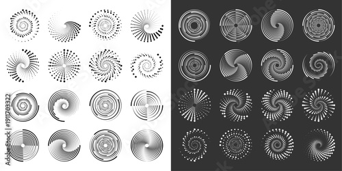 Circular dotted halftone elements create abstract spiral borders. Rotating patterns give dynamic depth and futuristic style. Perfect for logos, emblems, and digital banners.