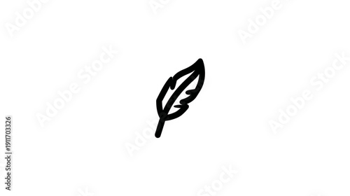 A simple, black line drawing of a feather against a stark white backdrop