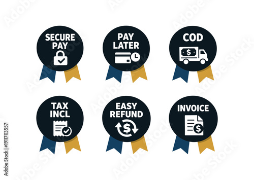 six separate flat vector ribbon badges badge solid black circle with two ribbon ( ) : SECURE PAY lock check icon PAY LATER card clock icon COD cash truck icon TAX INCL receipt check icon