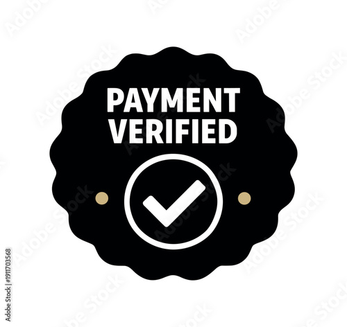 Flat vector seal stamp badge PAYMENT VERIFIED simple white checkmark circle tiny