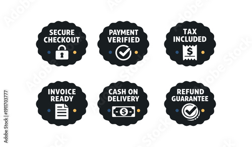 six separate flat vector seal stamp badges badge solid black scalloped edge circle with tiny muted ( ) : SECURE CHECKOUT lock icon PAYMENT VERIFIED check circle icon TAX INCLUDED receipt