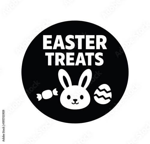 Flat vector badge EASTER TREATS simple white bunny with candy