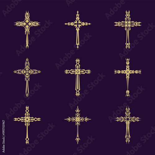 Christian cross vector icon symbols.  Abstract christian religious belief or faith art illustration for orthodox or catholic design. The symbol of the cross in various designs used in tattoo.