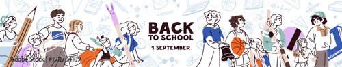 Design of back to school banner in doodle style. Template with students holding big stationery and books. Layout with cute children, kids with pens, pencils, textbooks. Flat vector illustration