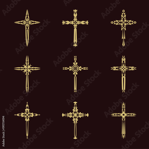 Christian cross vector icon symbols.  Abstract christian religious belief or faith art illustration for orthodox or catholic design. The symbol of the cross in various designs used in tattoo.