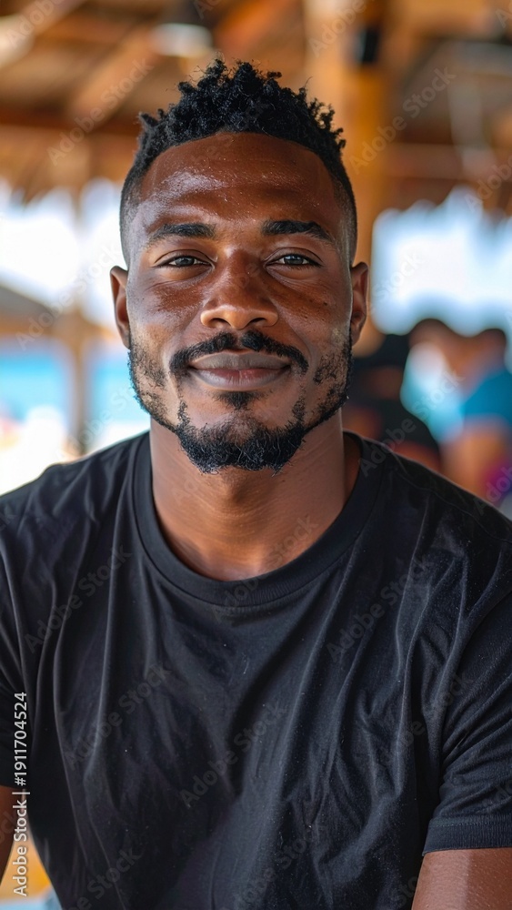 Obraz premium a black male model man wearing a black shirt standing in the beach bar