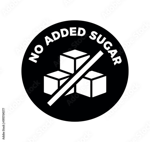 Flat vector badge NO ADDED SUGAR simple white sugar cube with slash