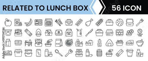 Outline Lunch Box Icon Set in Line Art Style for Meal Prep, Food Storage, and Digital Interface Design
